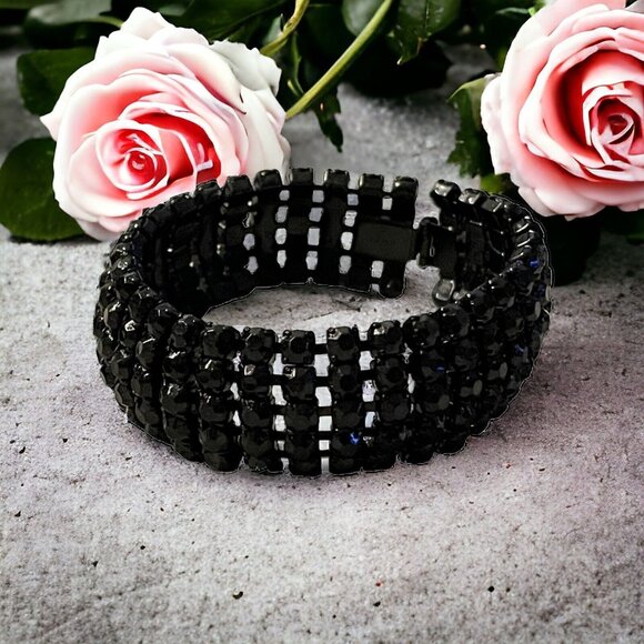 Vintage Rare Signed Weiss Jet Black Rhinestone Bracelet 5 Row Retro Art Deco